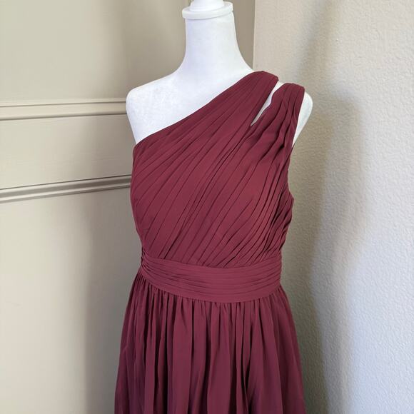 Azazie Molly One Shoulder Pleated in Cabernet Pockets A-Line Chiffon Sz (US10) - Picture 3 of 8